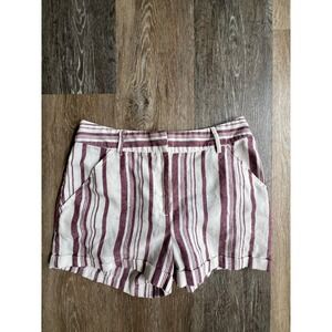Cisono Striped Linen Blend Shorts Womens Medium Burgundy Cream Cuffed